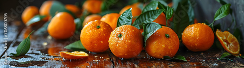A vibrant and diverse array of citrus fruits, including mandarin oranges, clementines, and bitter oranges, sit atop a rustic table adorned with leaves, evoking a sense of freshness and natural abunda photo
