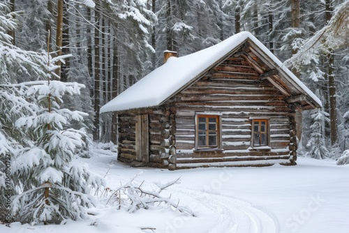 Rustic wooden cabin in a snowy forest © furyon