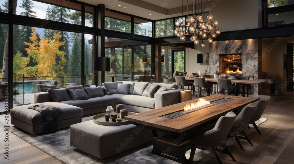 Fototapeta premium contemporary living room with views of the open concept kitchen, dining room, living room and fireplace