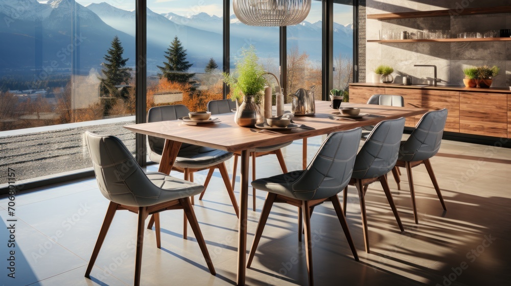 Fototapeta premium design a dining room close to the kitchen and a window with a beautiful view