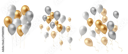 Set of gold, silver and white balloons isolated on transparent background. Vector illustration
