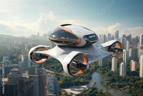 futuristic manned roto passenger drone flying in the sky