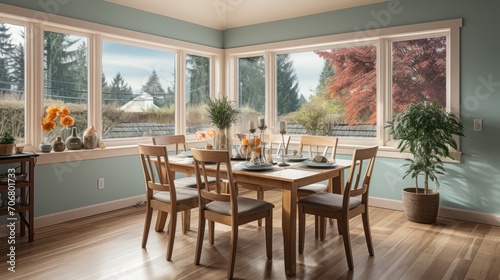 Dining room in suburban house with cream colored walls with view of neighboring houses