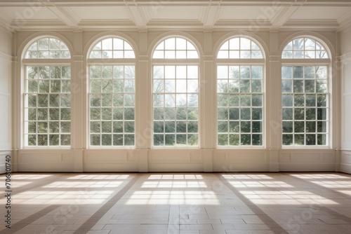 large windows exhibiting room interiors of a colonial revival house  © CStock