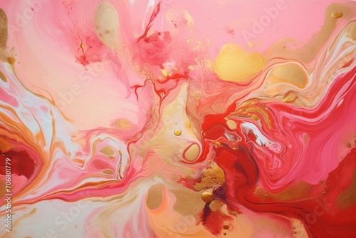 Vibrant acrylic artwork with pink and coral swirls, adorned with golden powder. Generative AI © Ethan