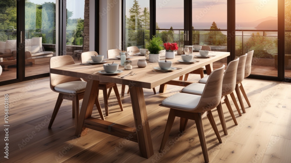 wooden dining table and chairs in a modern home with elegant lighting arrangements