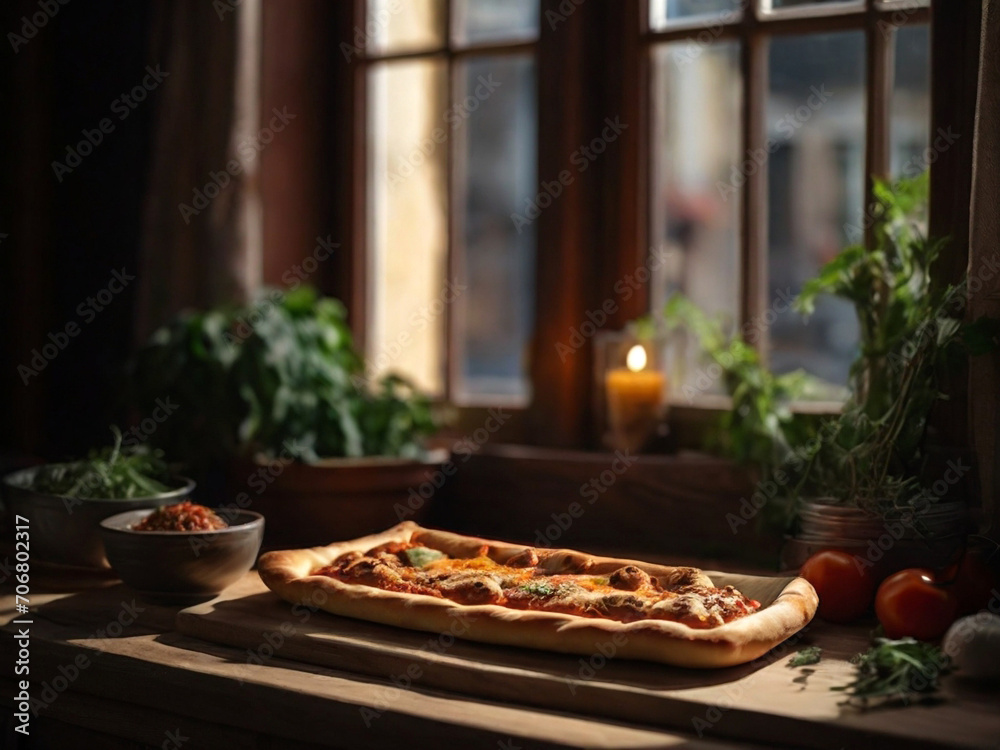 Pizza with mozzarella, tomatoes and basil on wooden table. Created using generative AI tools