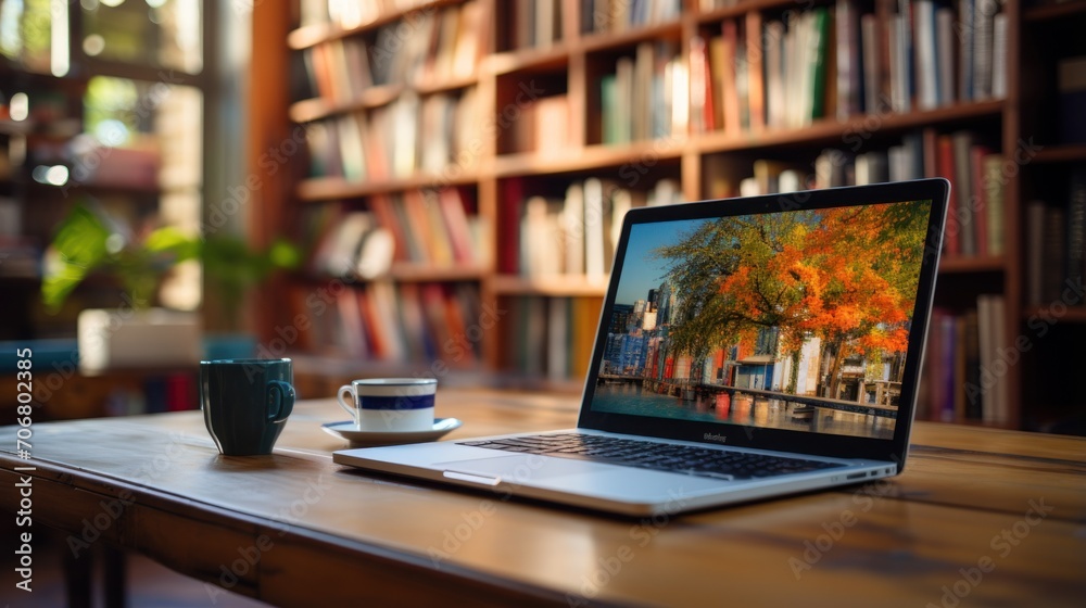 laptop and books on the library reading table