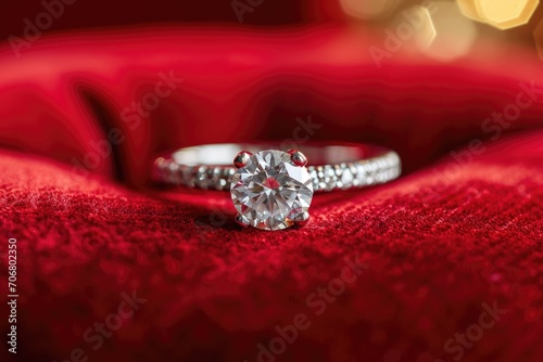 Sparkling diamond ring on a velvet cushion © furyon