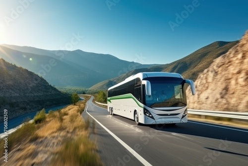  Touristic coach bus on highway road intercity driving urban modern tour along a mountain 