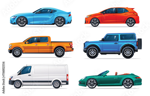Set of cars in different types. Side view car collection vector illustration