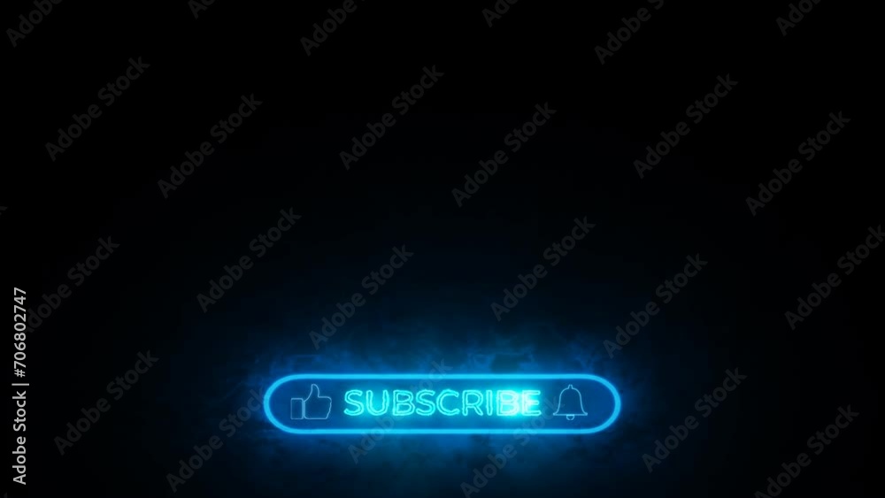youtube subscribe foggy smoke effect glowing button on black screen, bell, like icon lower third animation