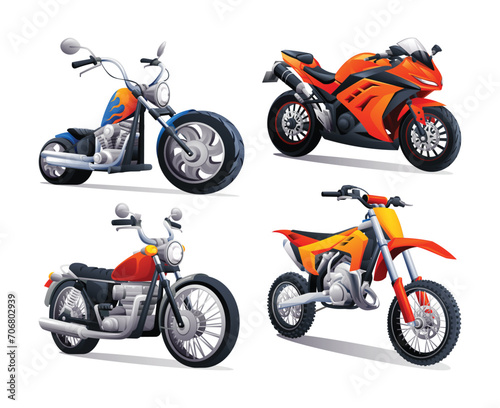 Set of motorcycles in various types. Vector cartoon illustration isolated on white background
