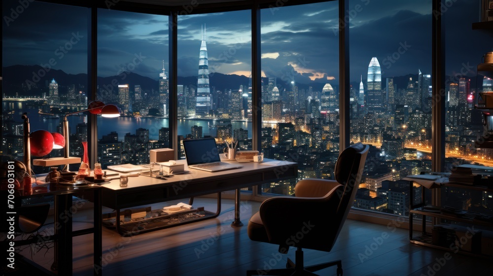 Office space with view of modern skyscrapers at night Office space with view of modern skyscrapers at night