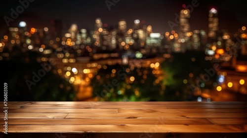 empty wooden table desk with a blurry background