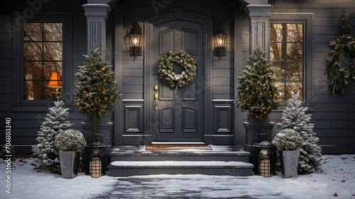 Entrance to gray house with lights and decorated with plants in winter