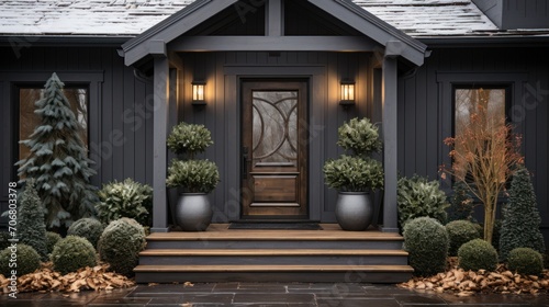 Entrance to gray house with lights and decorated with plants in winter