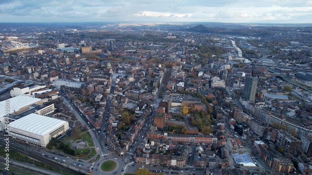 Aerial view around the old town of the city Charleroi in Belgium on a sunny day in autumn.