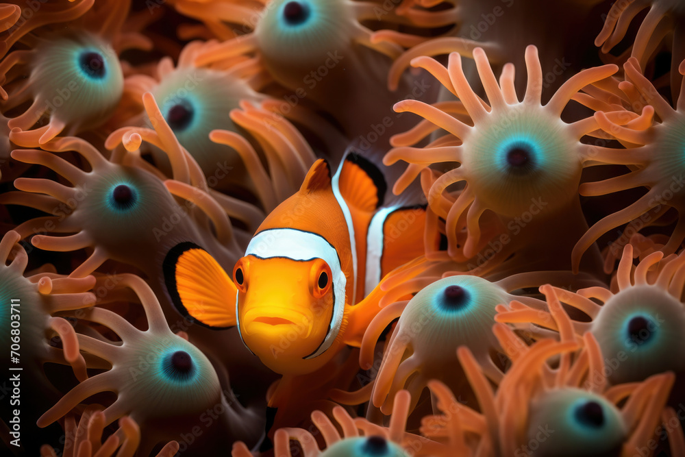 Anemonefish reef marine clown sea ocean anemone tropical underwater clownfish nature animals fish - obrazy, fototapety, plakaty 