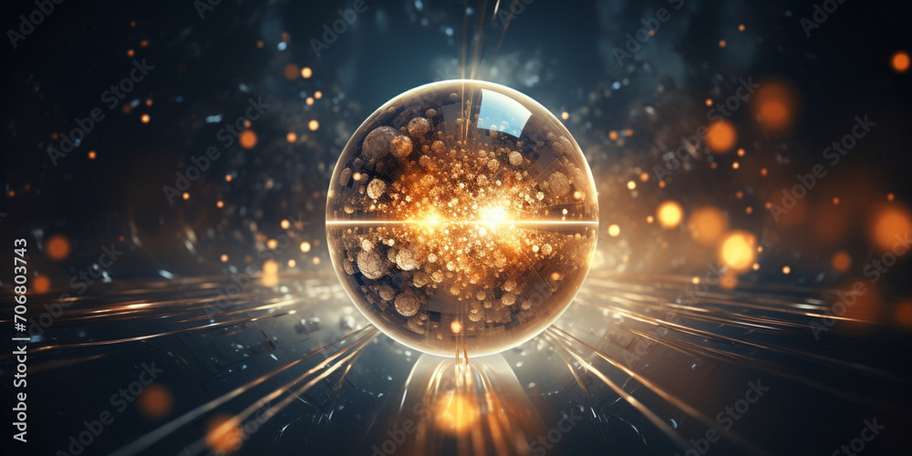 Abstract Background With Particles And Sphere. luxury abstract background, Elegant glass orb ball black and gold, glitter particle, 3d rendering.