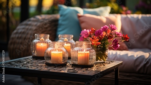 Flowers and candle lanterns on rattan table near rattan sofa with patterned pillows on terrace