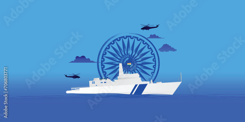 Indian Coast Guard Day is observed on 1 February every year to honor the important role that the organization plays Editable Vector Illustration, Indian Coast Guard patrolling surveillance boats