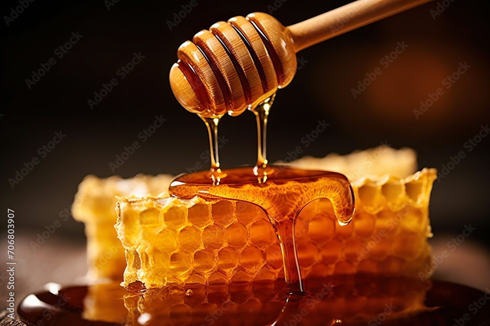 Honey with honeycomb and wooden spoon Honey with honeycomb and wooden spoon