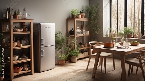 The refrigerator is placed near the kitchen counter with brown cupboards and modern appliances