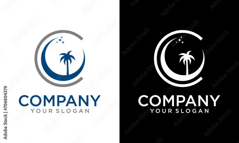 palm trees on the background of the moon in vintage style. Silhouette of palm trees on a full moon with stars. Design of advertising booklets and banners. Vector illustration