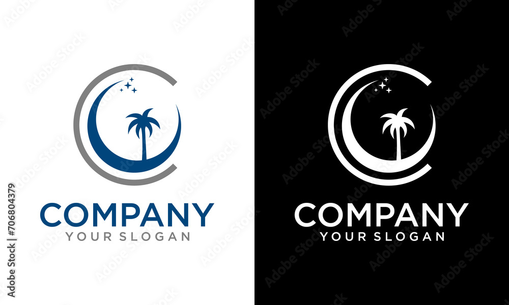 palm trees on the background of the moon in vintage style. Silhouette of palm trees on a full moon with stars. Design of advertising booklets and banners. Vector illustration palm trees on the background of the moon in vintage style. Silhouette of palm trees on a full moon with stars. Design of advertising booklets and banners. Vector illustration