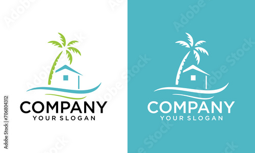 Creative house with palm tree logo vector, tropical beach home or hotel icon design illustration. Palm and House Logo - Home and Tree Icon - Real Estate Vector Illustration