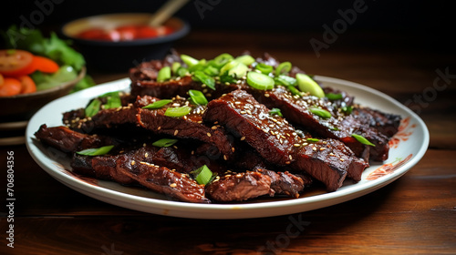 kalbi Korean marinated beef short ribs on white plate. simple food platting concept
