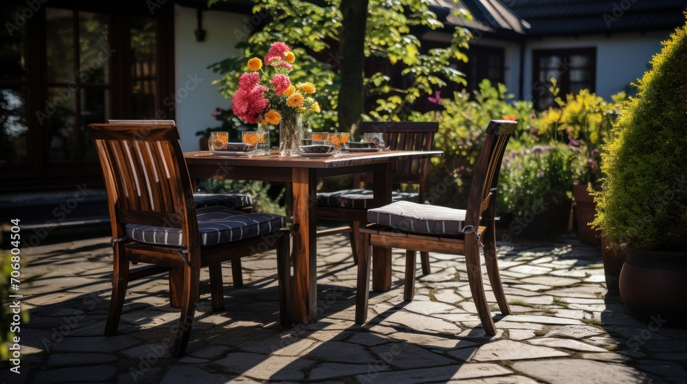terrace with table and garden benches terrace with table and garden benches