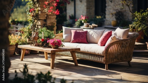 The garden terrace is decorated with Scandinavian rattan woven sofas and tables on sunny days