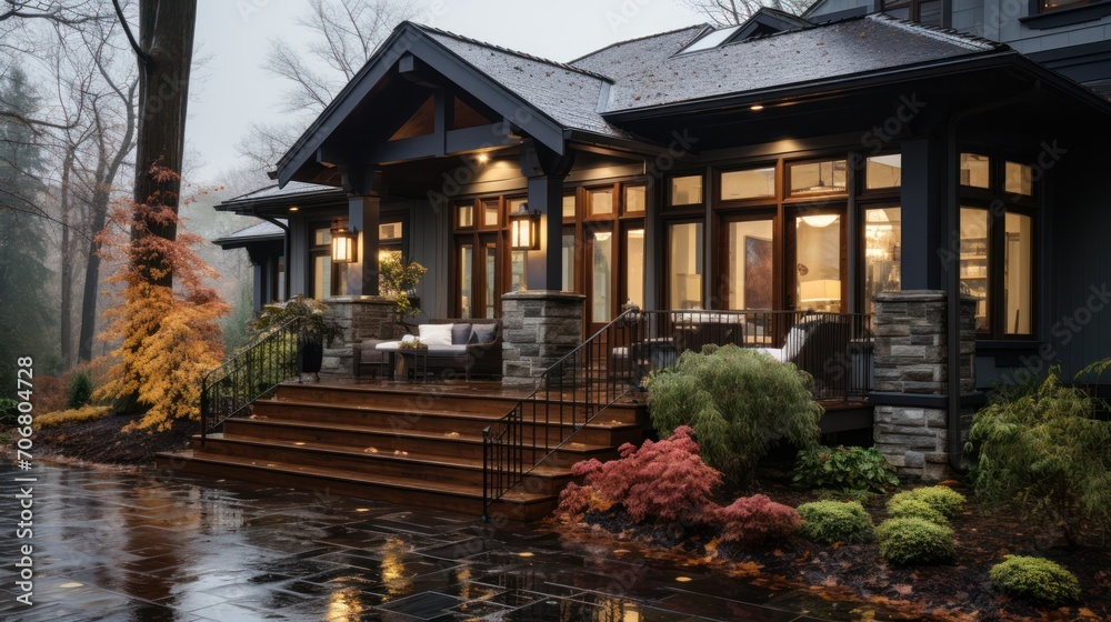 gray house with terrace and stone walls on a rainy day