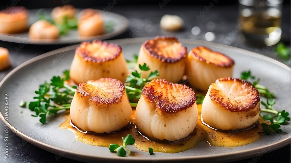 potatoes with garlic and herbs A plate of perfectly seared scallops with a golden brown crust