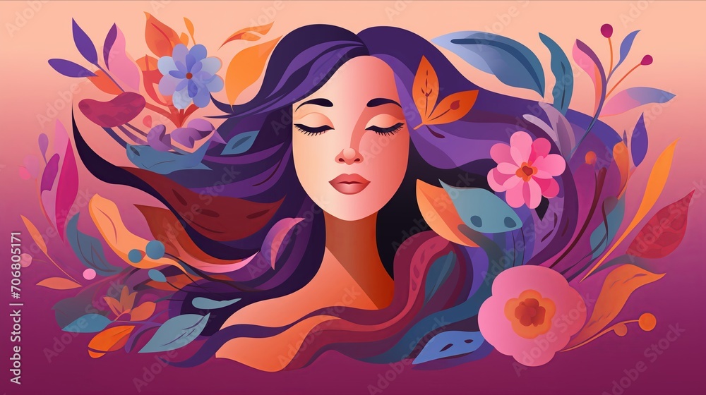 Woman in flowers abstract illustration wallpaper. International Women's Day Card