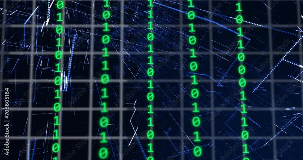 Animation of digital icons and binary coding data processing over dark background