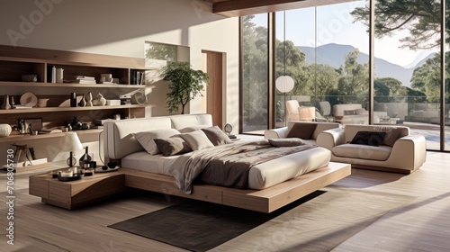 Modern bedroom interior with a large modern style bed with a natural view