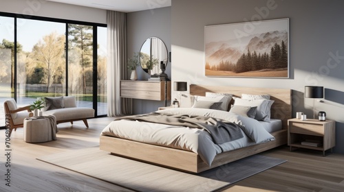 Cozy bedroom interior in modern design with bookshelves © Prasojo