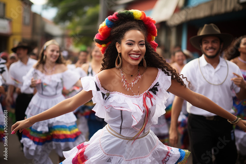Hermosa chica afrodescendiente con cabello largo y gran sonrisa, viste un vestido tradicional mientras baila. photo