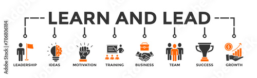 Learn and lead banner web icon vector illustration concept with icon of leadership, ideas, motivation, training, business, team, success, and growth