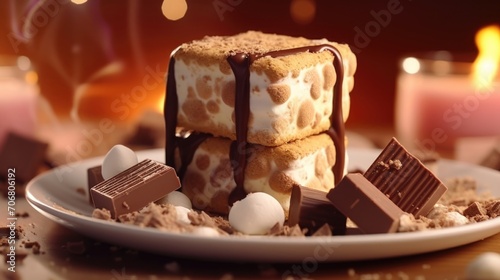 A vibrant and tantalizing image featuring a rich cocoadusted marshmallow cube sandwiched between two freshly baked soft cookies, forming an irresistible smoresinspired dessert that melts photo