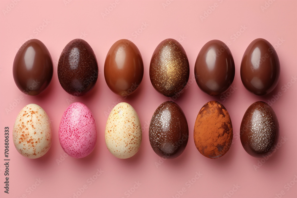 Happy Easter background decoration. Chocolate Easter eggs in row on pink background.