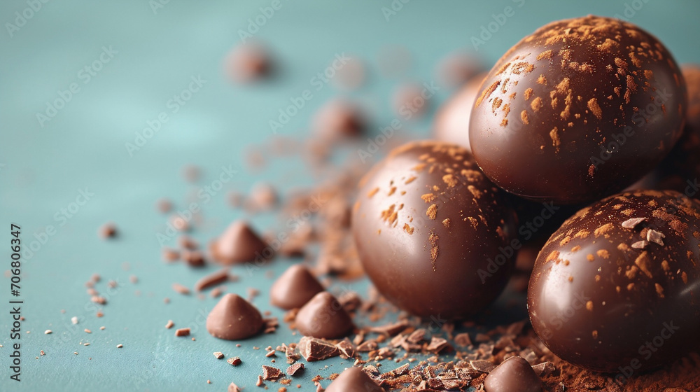 Happy Easter decoration background. Chocolate Easter eggs banner on light blue background.