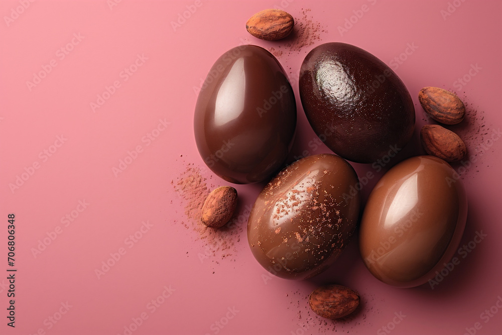 Happy Easter decoration background. Chocolate Easter eggs banner with copy space on old rose background.