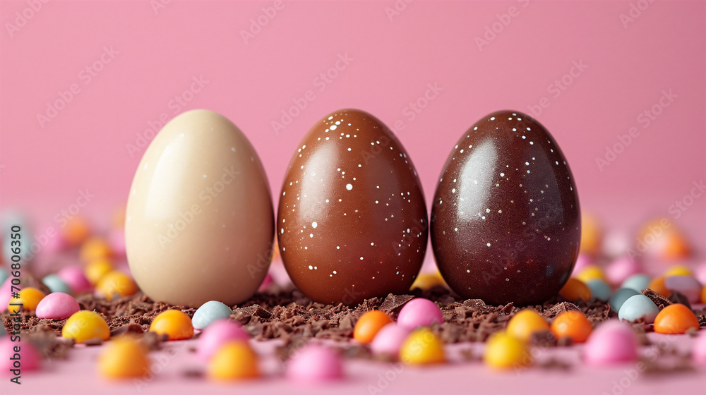 Happy Easter banner decoration. Three chocolate Easter eggs in row on rose background.