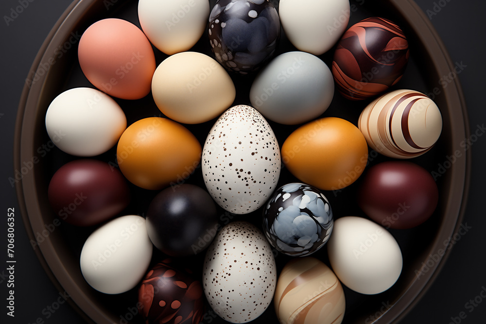 Happy Easter banner decoration. Many creative Easter eggs in a circular font on dark background.
