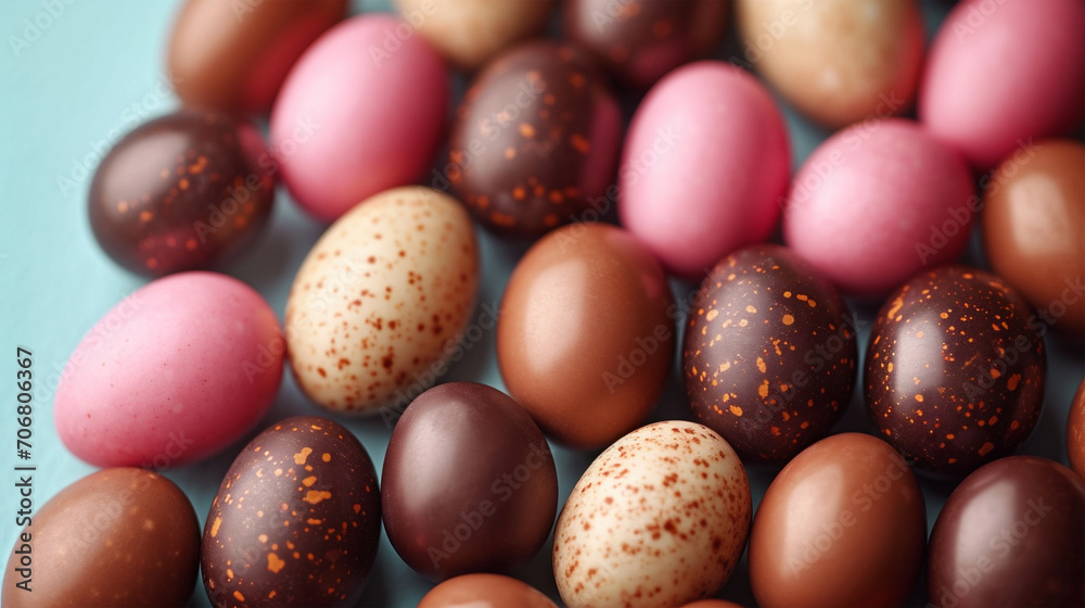 Happy Easter decoration banner. Many Chocolate Easter eggs on light blue background.