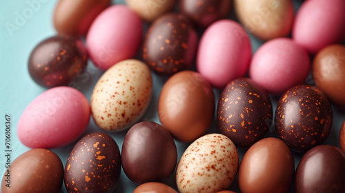 Obraz na płótnie Happy Easter decoration banner. Many Chocolate Easter eggs on light blue background. w salonie